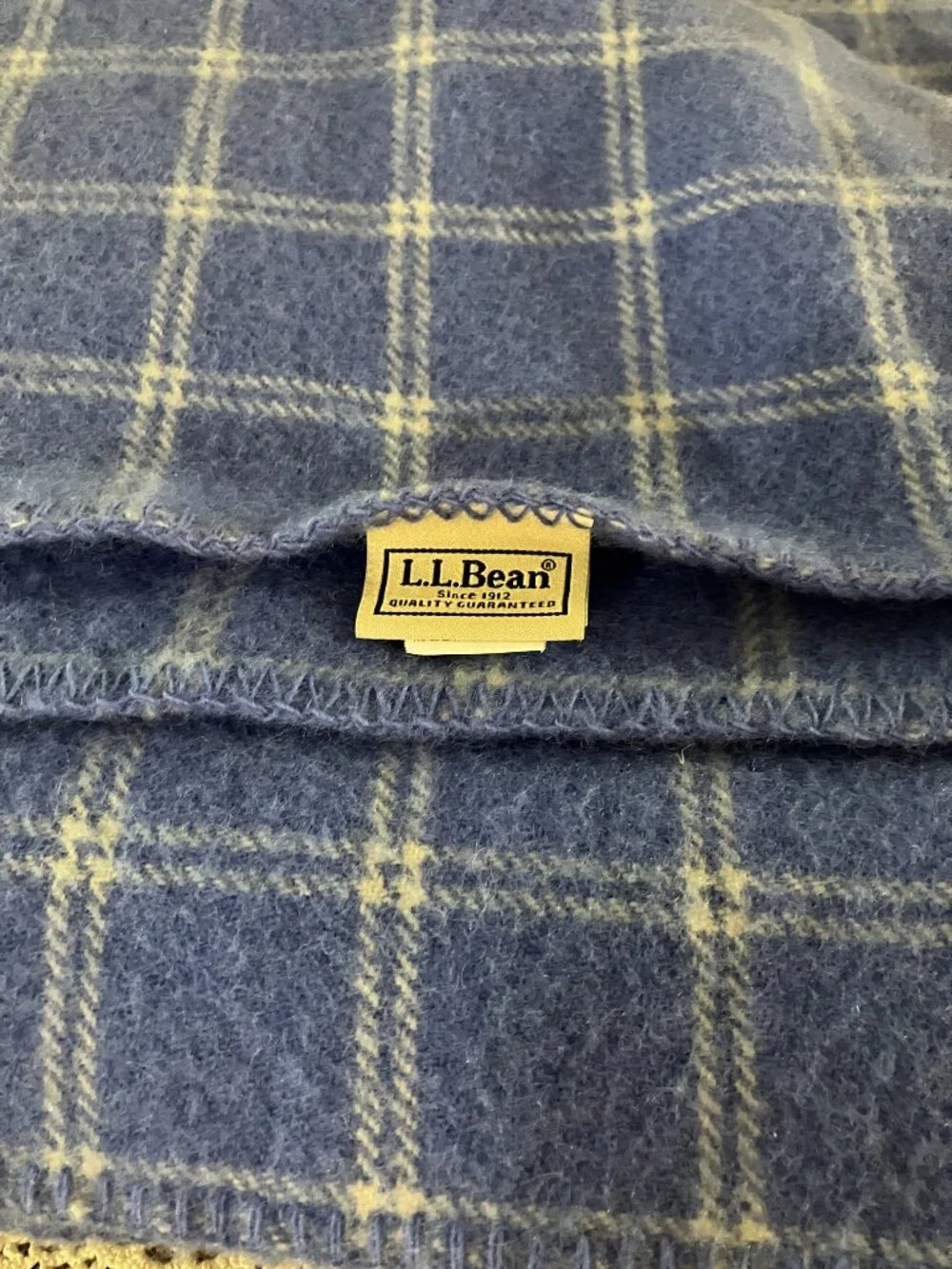 L. L. Bean Queen Size with Blue with White Plaid Striped Virgin Wool Blanket